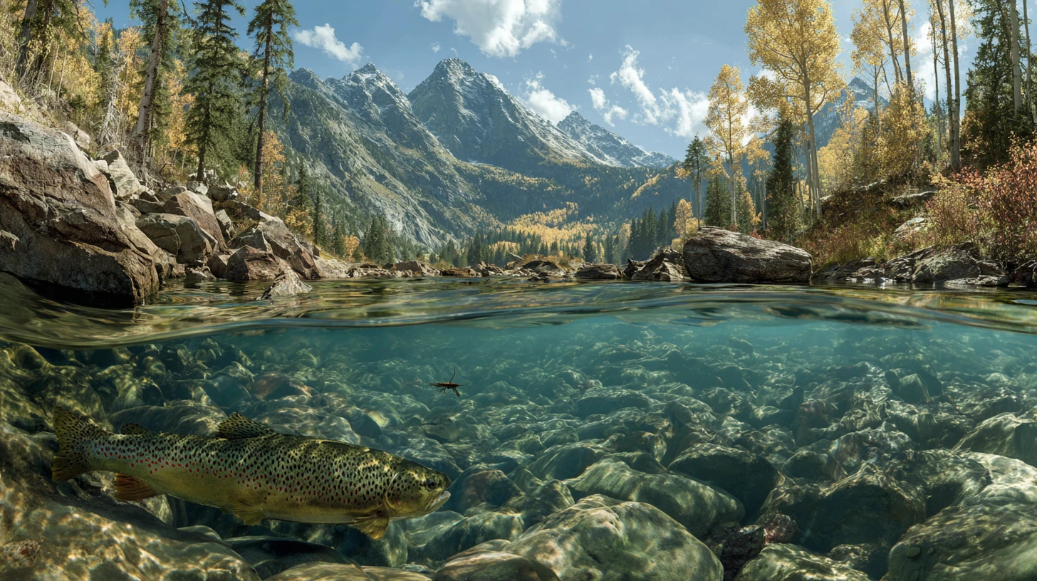 Trota fario in risalita in un limpido torrente di montagna in una valle