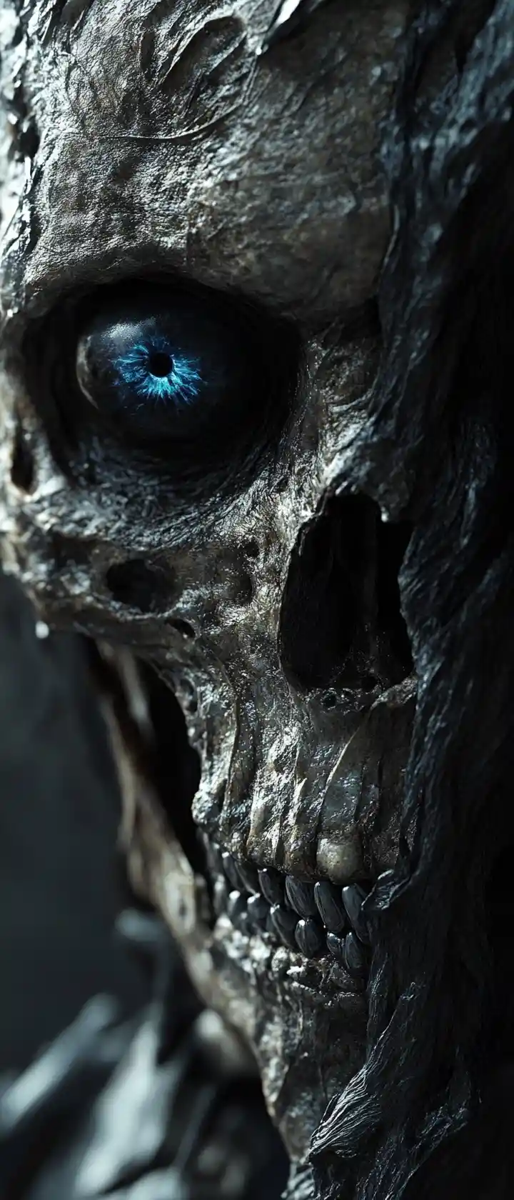 Nightmarish close up of a skeletal alien with blue eye