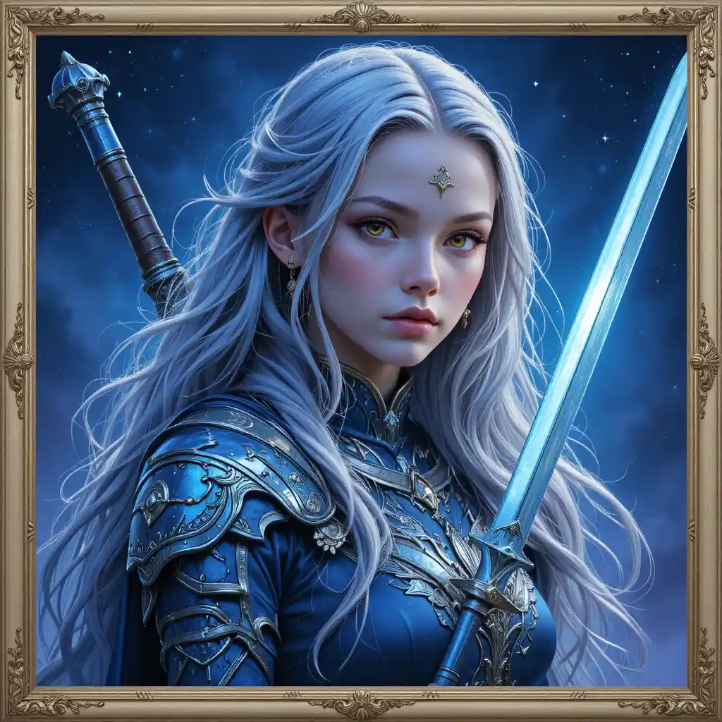 星空の下の銀髪ファンタジー女戦士