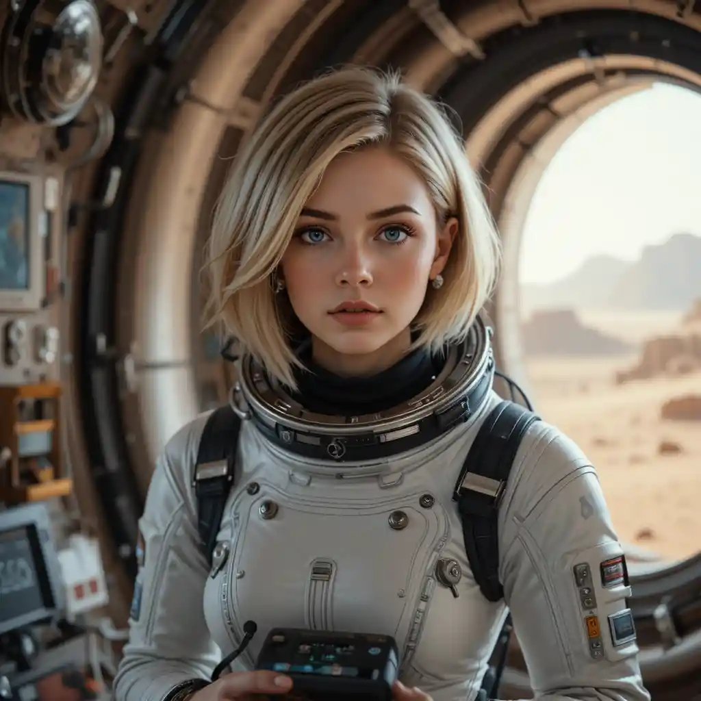 Female astronaut in white spacesuit inside a Mars habitat