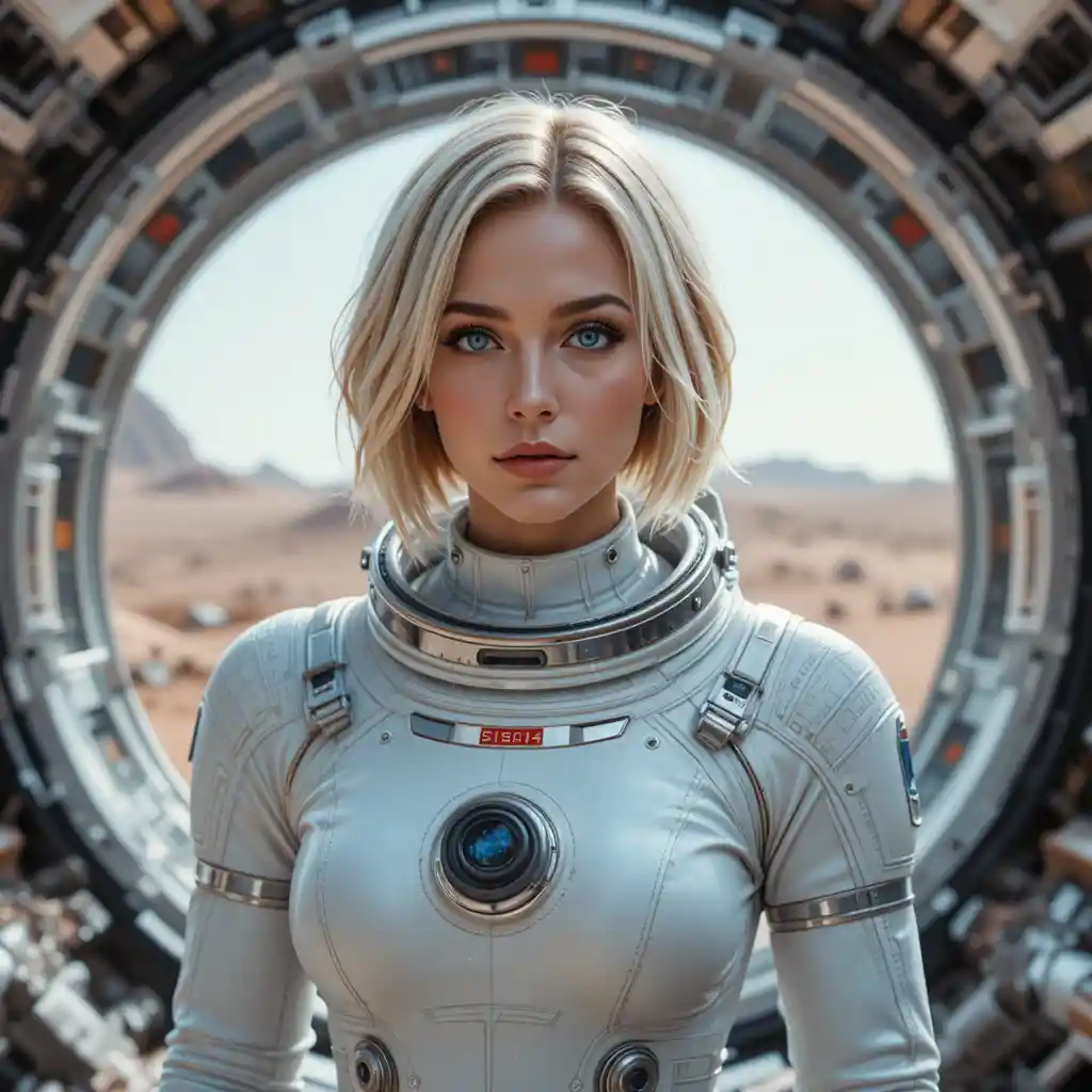 Astronauta femenina confiada con traje blanco dentro de un módulo en Marte
