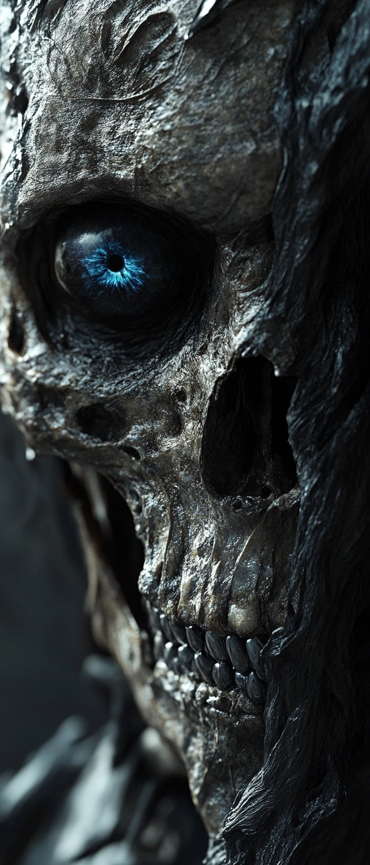 Nightmarish close up of a skeletal alien with blue eye