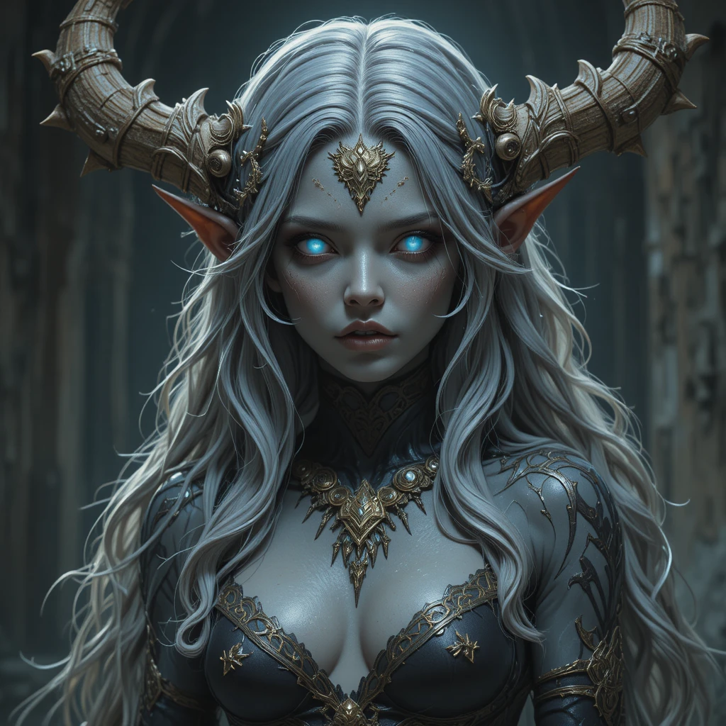 Elder goddess of death with pale gray skin and white eyes