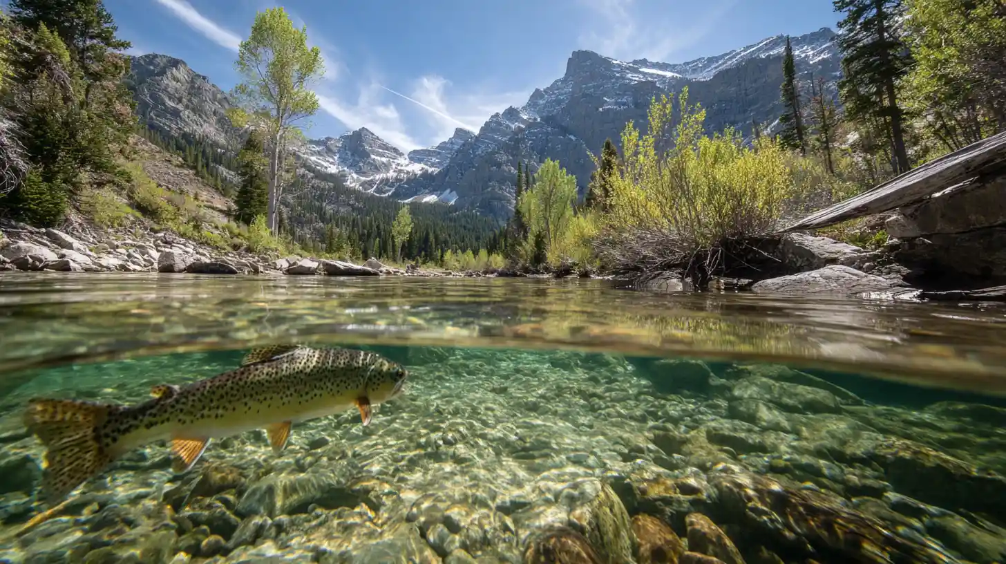 Trota che Risale un Torrente di Montagna Cristallino – Paesaggio Diviso