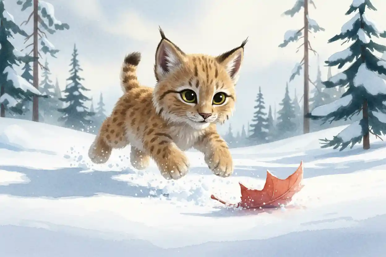 Chaton lynx en aquarelle bondissant sur une feuille dans une forêt enneigée