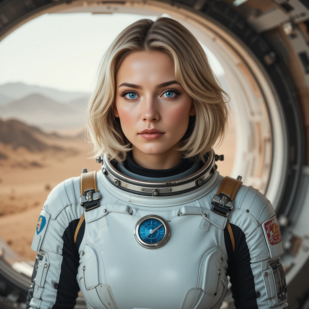 Female astronaut in white spacesuit inside mars habitat module