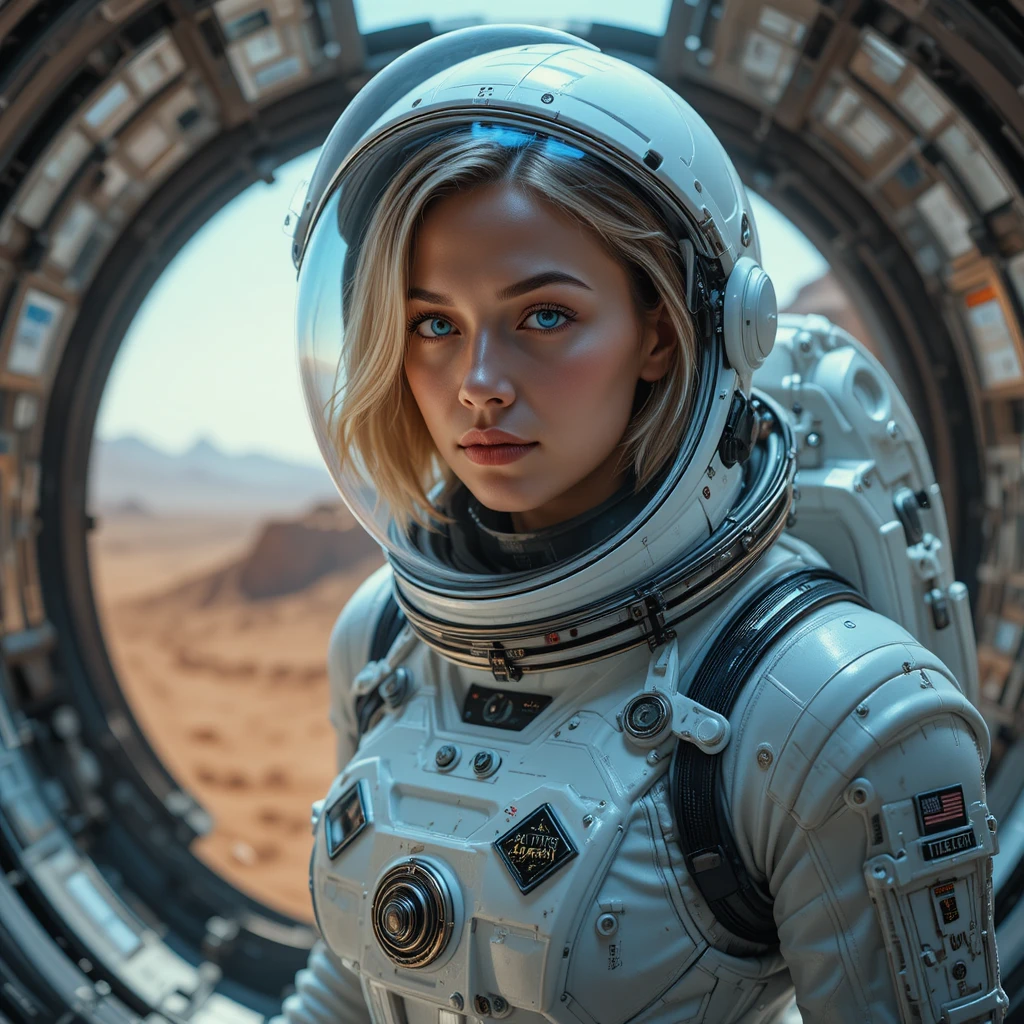 Mujer astronauta con traje espacial blanco dentro de un módulo en Marte
