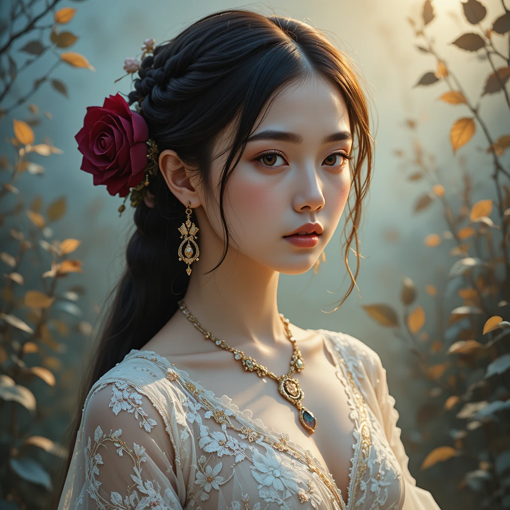 Wistful girl with crimson rose in braided dark hair