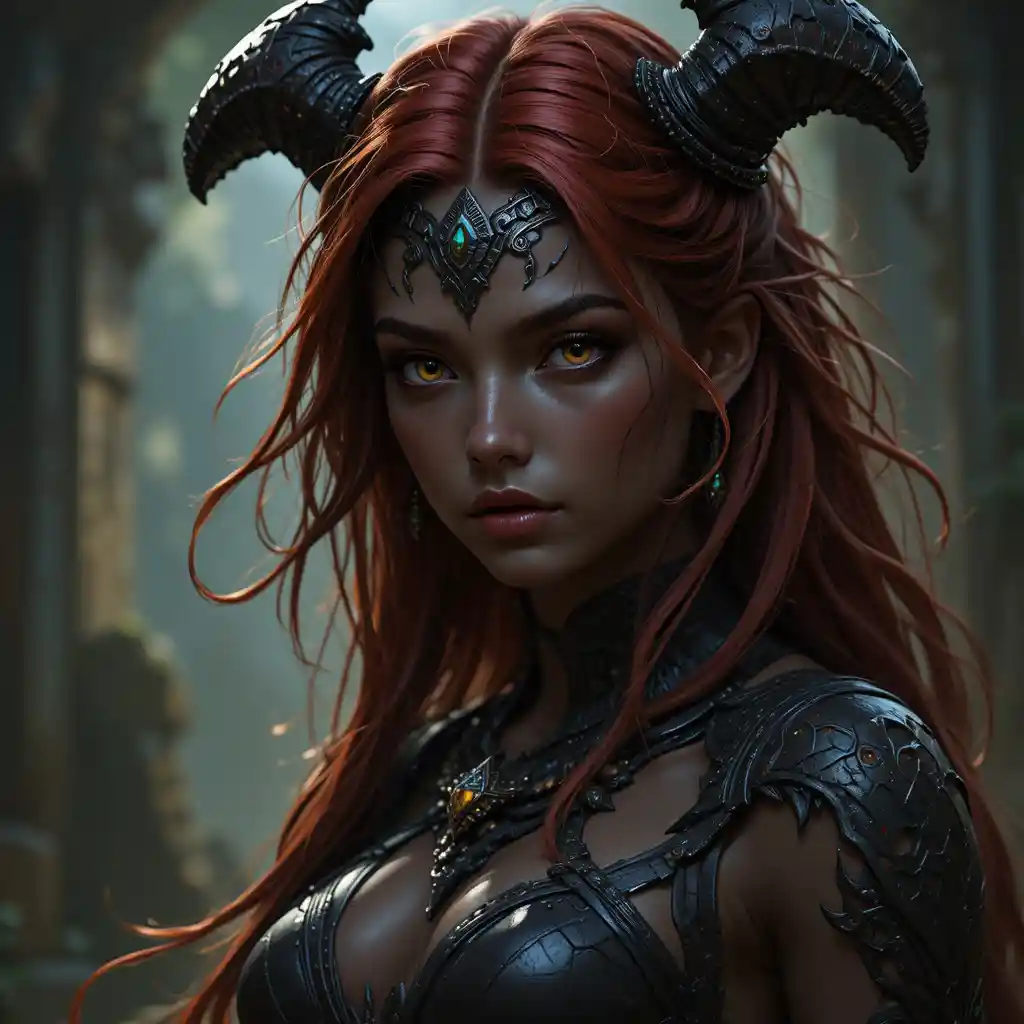 Dark skinned goddess of death with yellow eyes and red hair