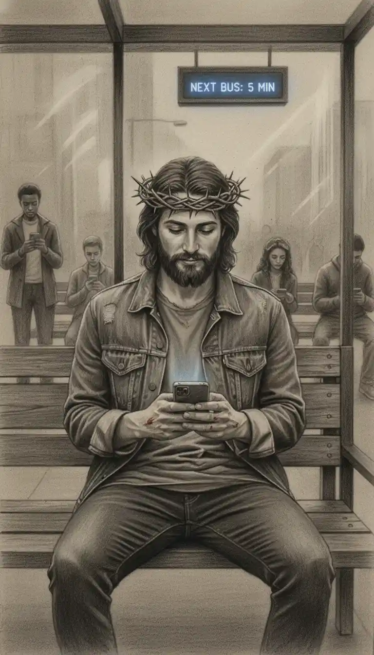 Jesus com roupas modernas mexendo no celular em um ponto de ônibus