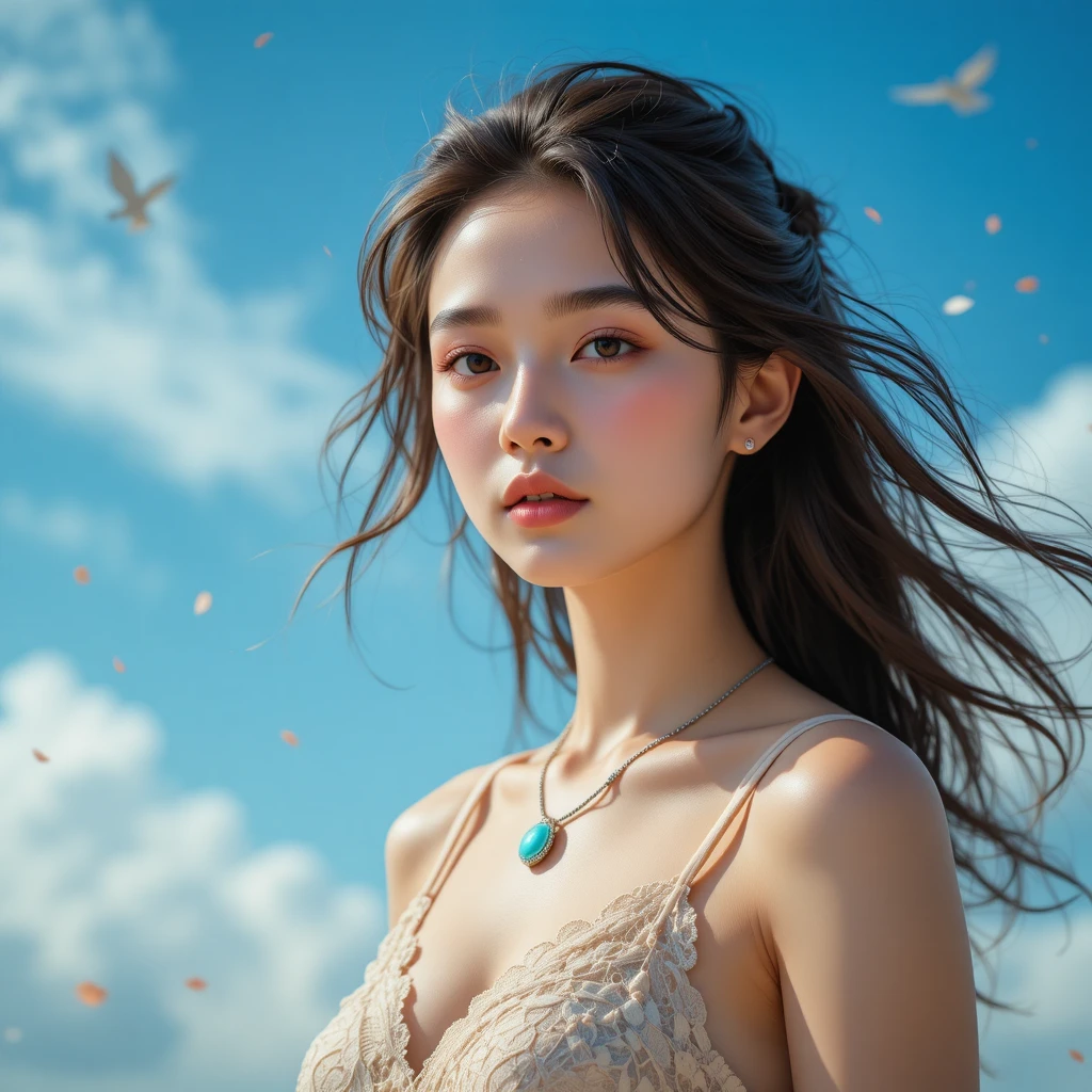 Young woman portrait against bright blue sky