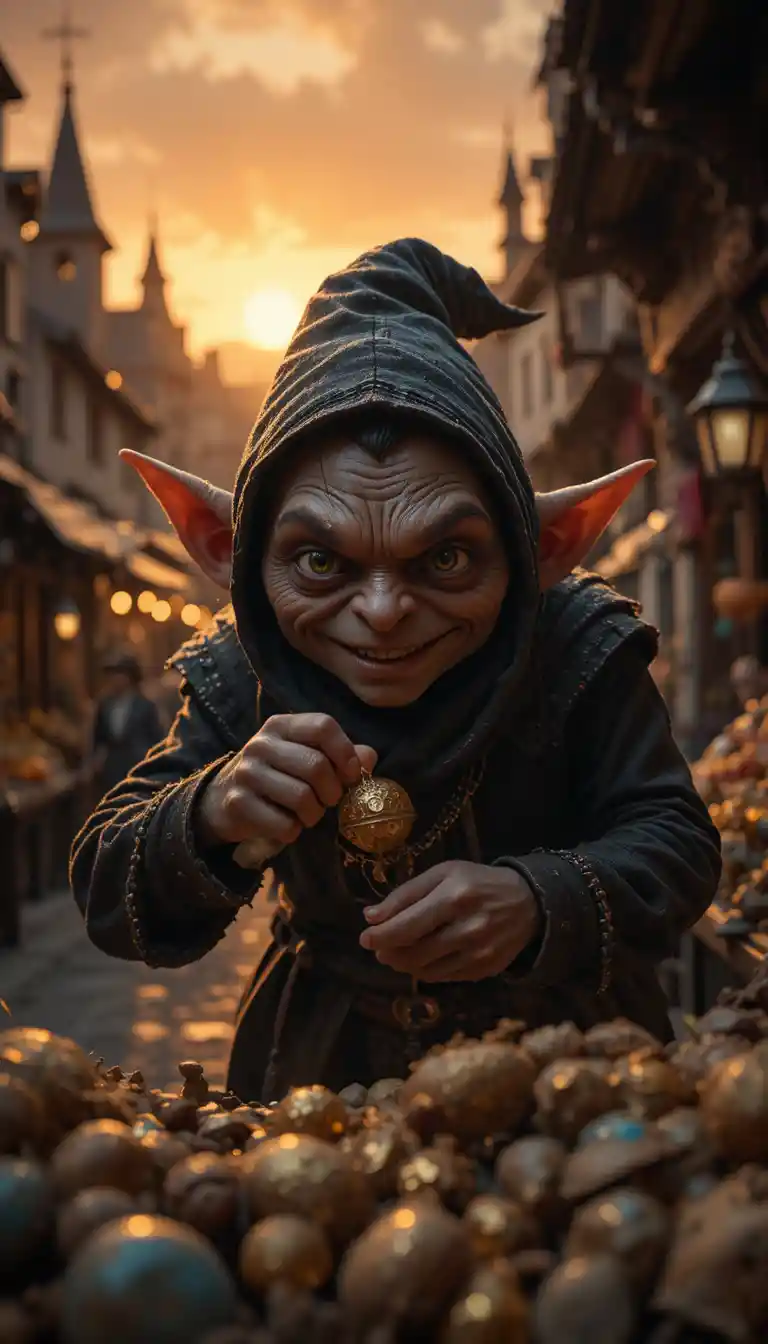 Sneaky Goblin Thief Stealing Treasure In Medieval Market