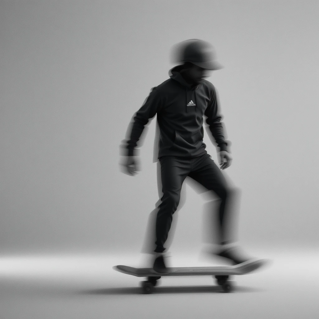 Verschwommener Skateboarder in Bewegung vor neutralem abstraktem Hintergrund
