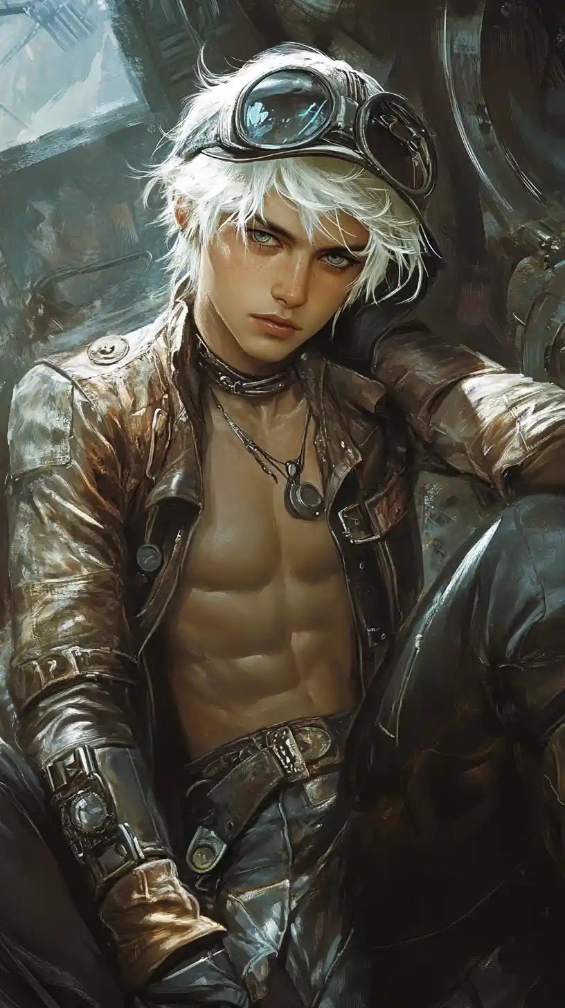 Hombre de fantasía de pelo blanco con traje de carreras steampunk