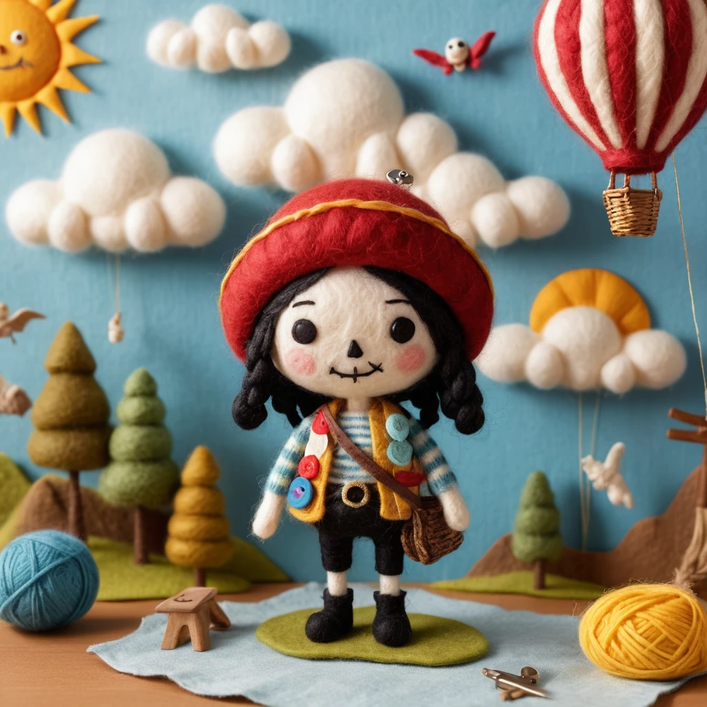 Ragazza pirata di lana in una mongolfiera di plastilina