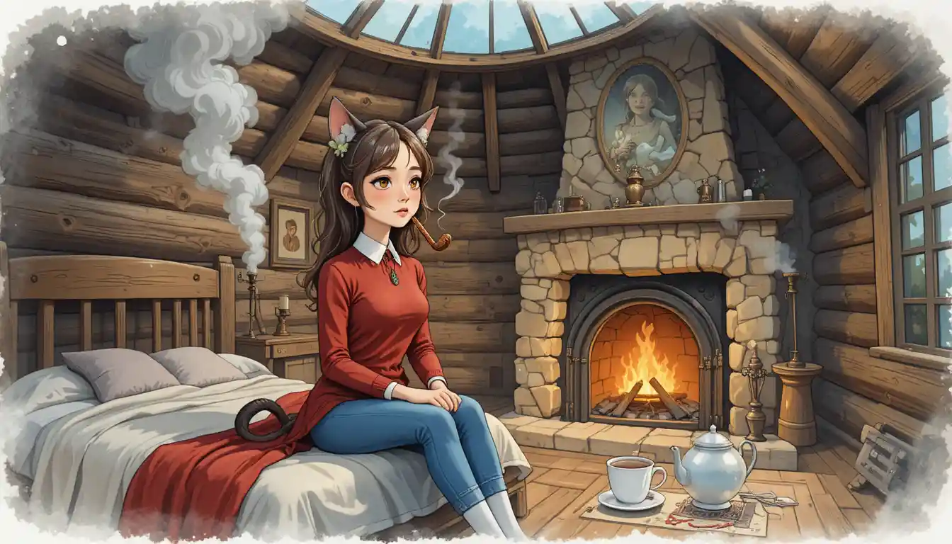 Cat eared woman relaxing by the fireplace in a cozy cabin