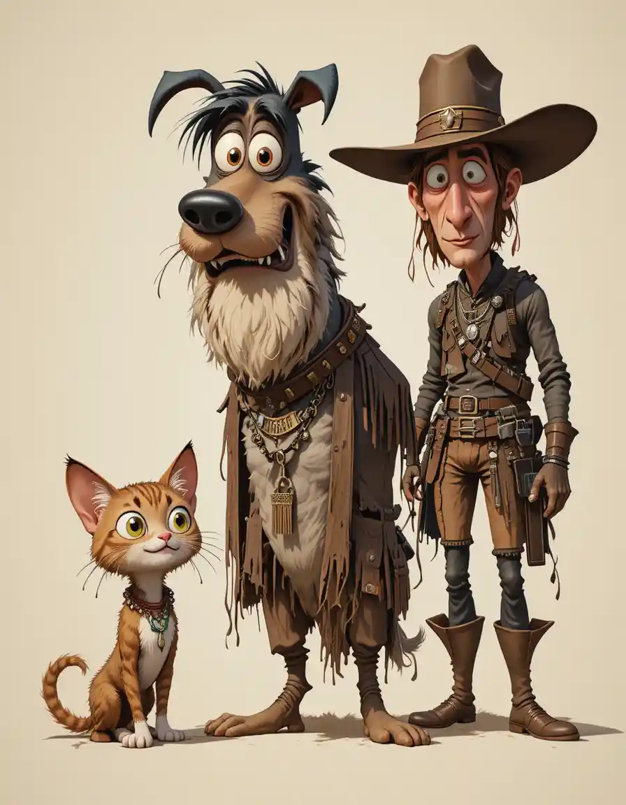 Verspielter Hund, Katze und Revolverheld im markanten Cartoon-Stil