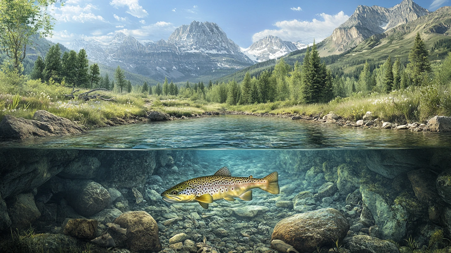 Trota di torrente di montagna che sale verso una effimera in superficie