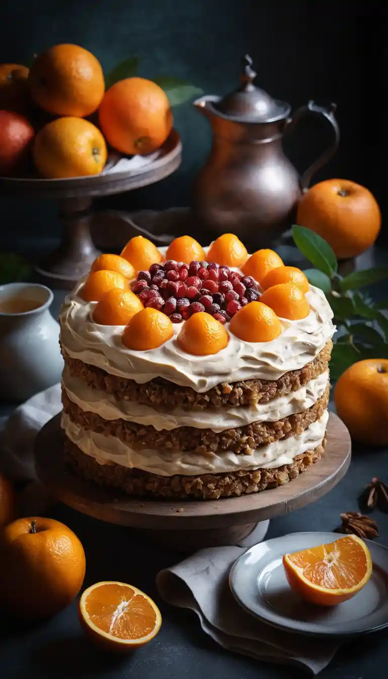 Layered sky cake with mandarins on rustic wooden plate