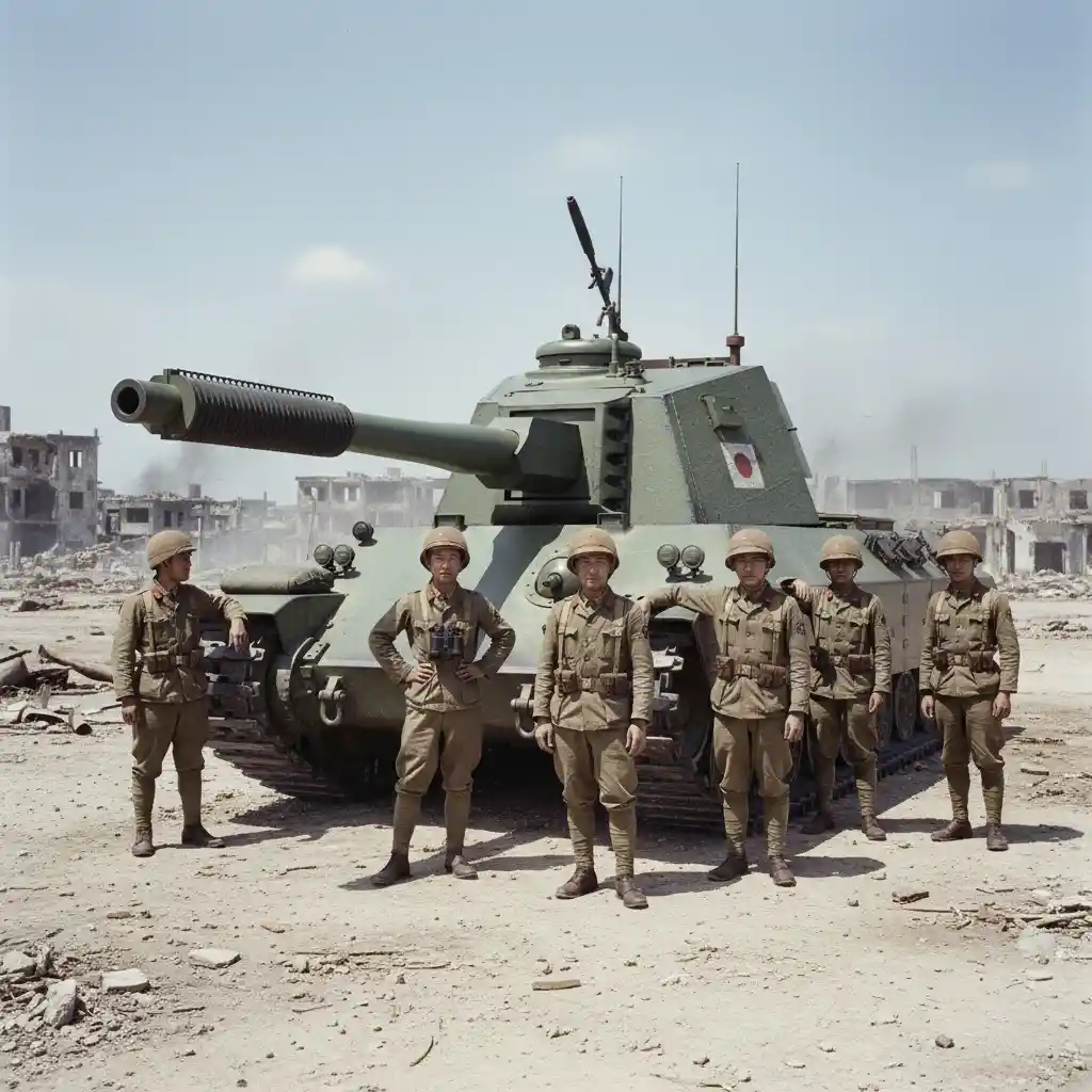 Japanese super heavy tank and crew in war ruins