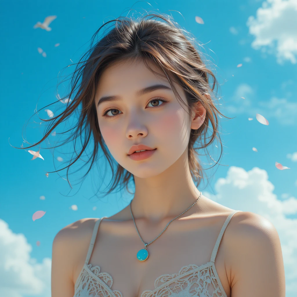 Young woman portrait against bright blue sky with clouds