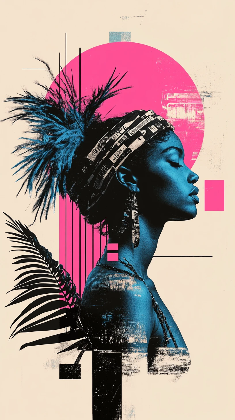Stylized tattooed woman with neon graphic shapes