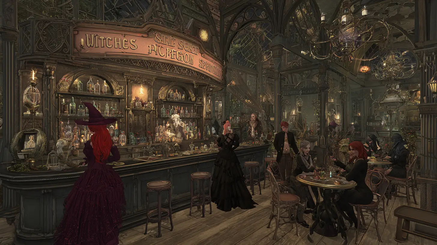 Steampunk-Hexen-Barkeeperin in einer belebten Fantasy-Bar