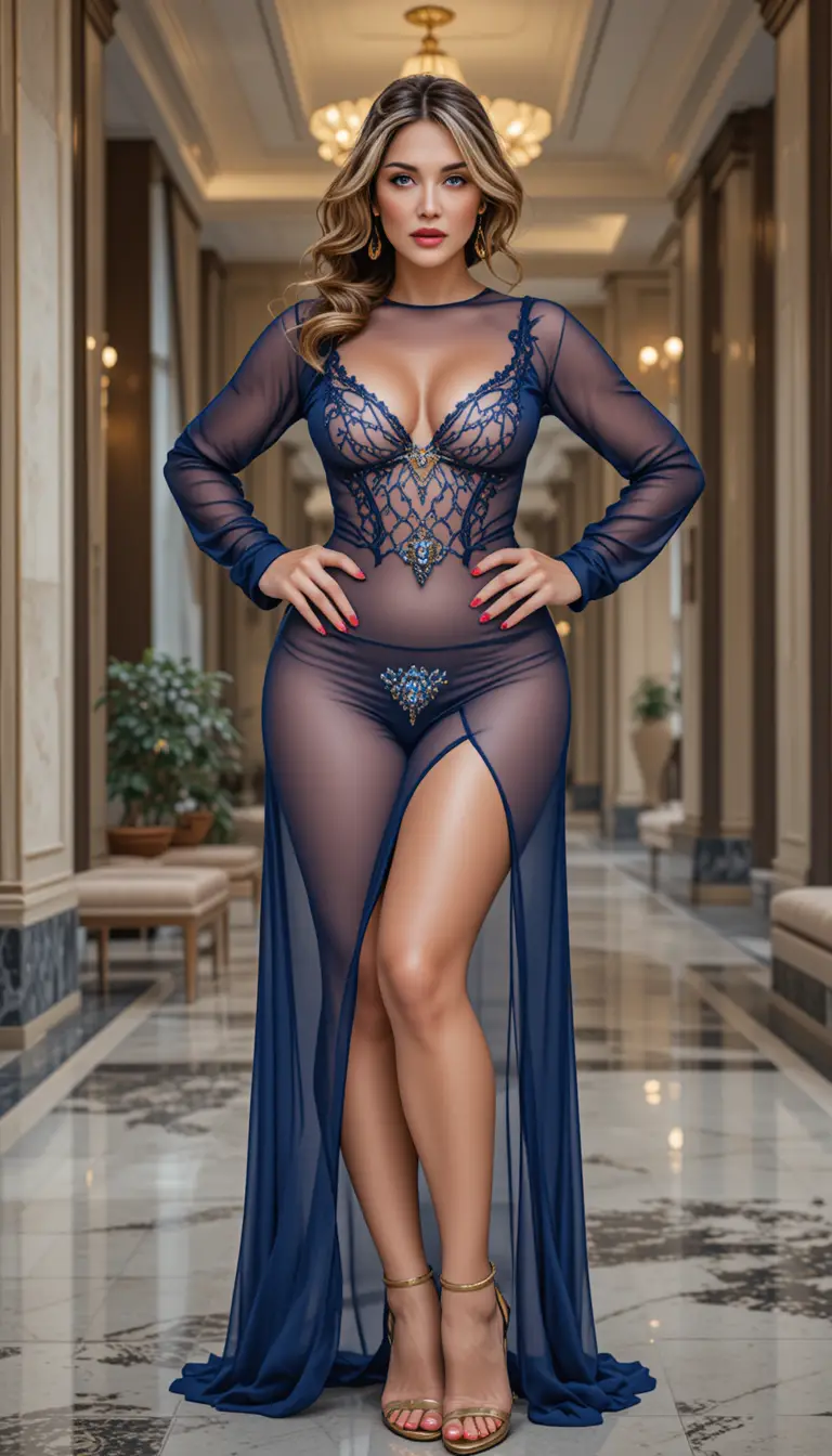 Glamorous mature woman posing in luxury hotel lobby