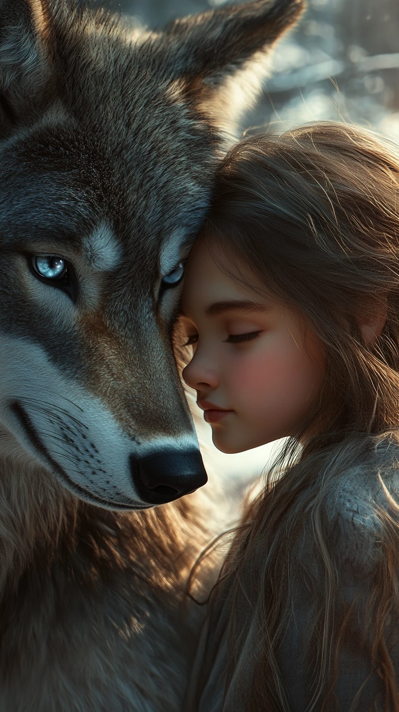 Young girl nuzzling a gentle wolf in snowy forest