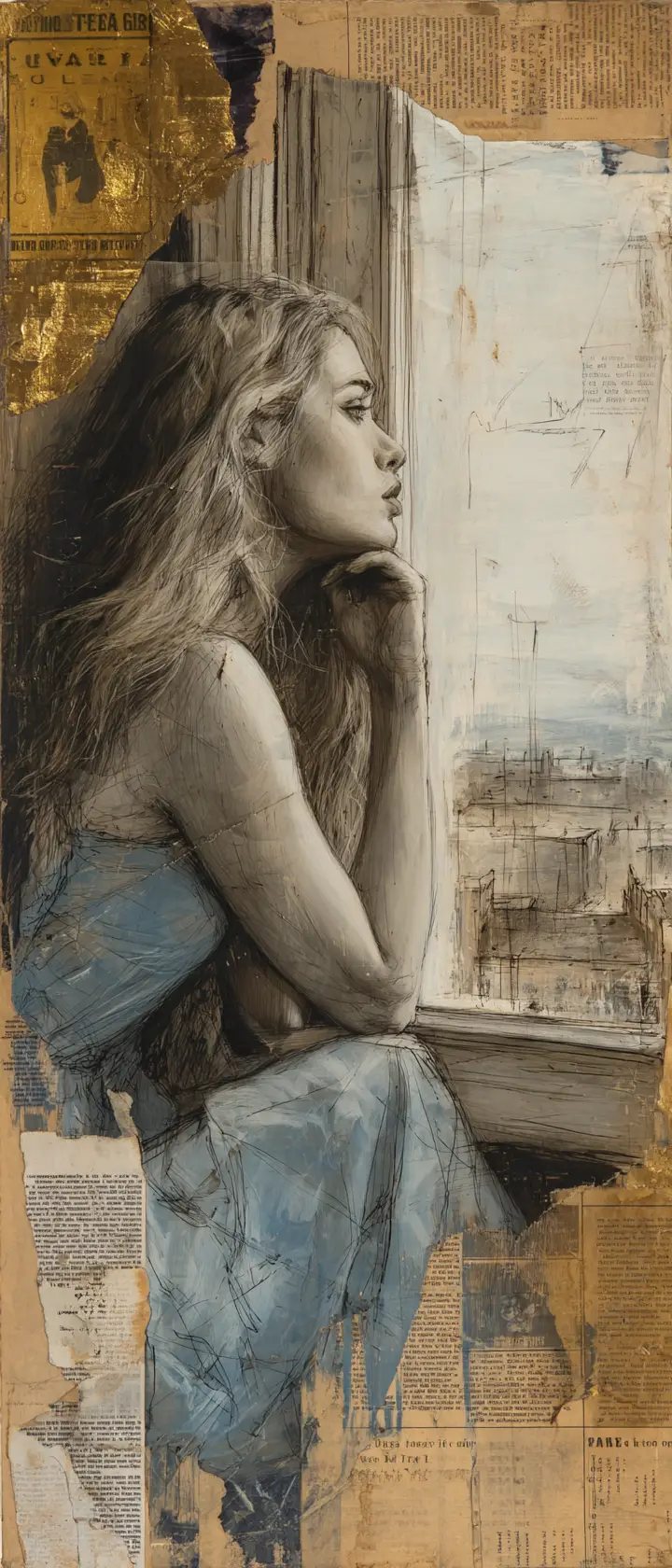 Mature woman gazing through rustic window in mixed media collage