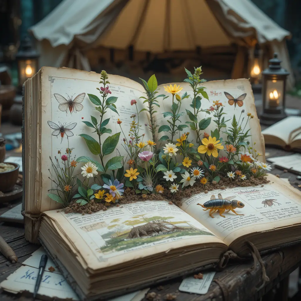 Open field journal on a naturalist camp table at dusk