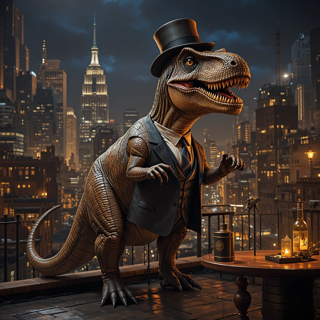 Dapper dinosaur in a suit on a roaring twenties rooftop