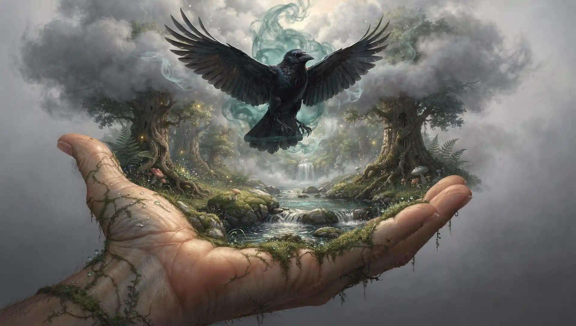 Mystical raven rising from an enchanted forest palm