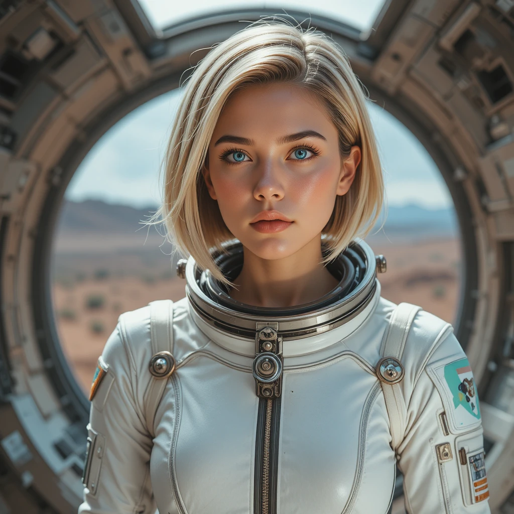 Biologiste femme confiante en combinaison spatiale blanche sur Mars