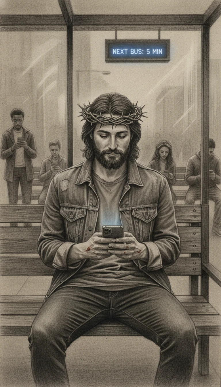 Jesús con ropa moderna mirando su teléfono en una parada de autobús