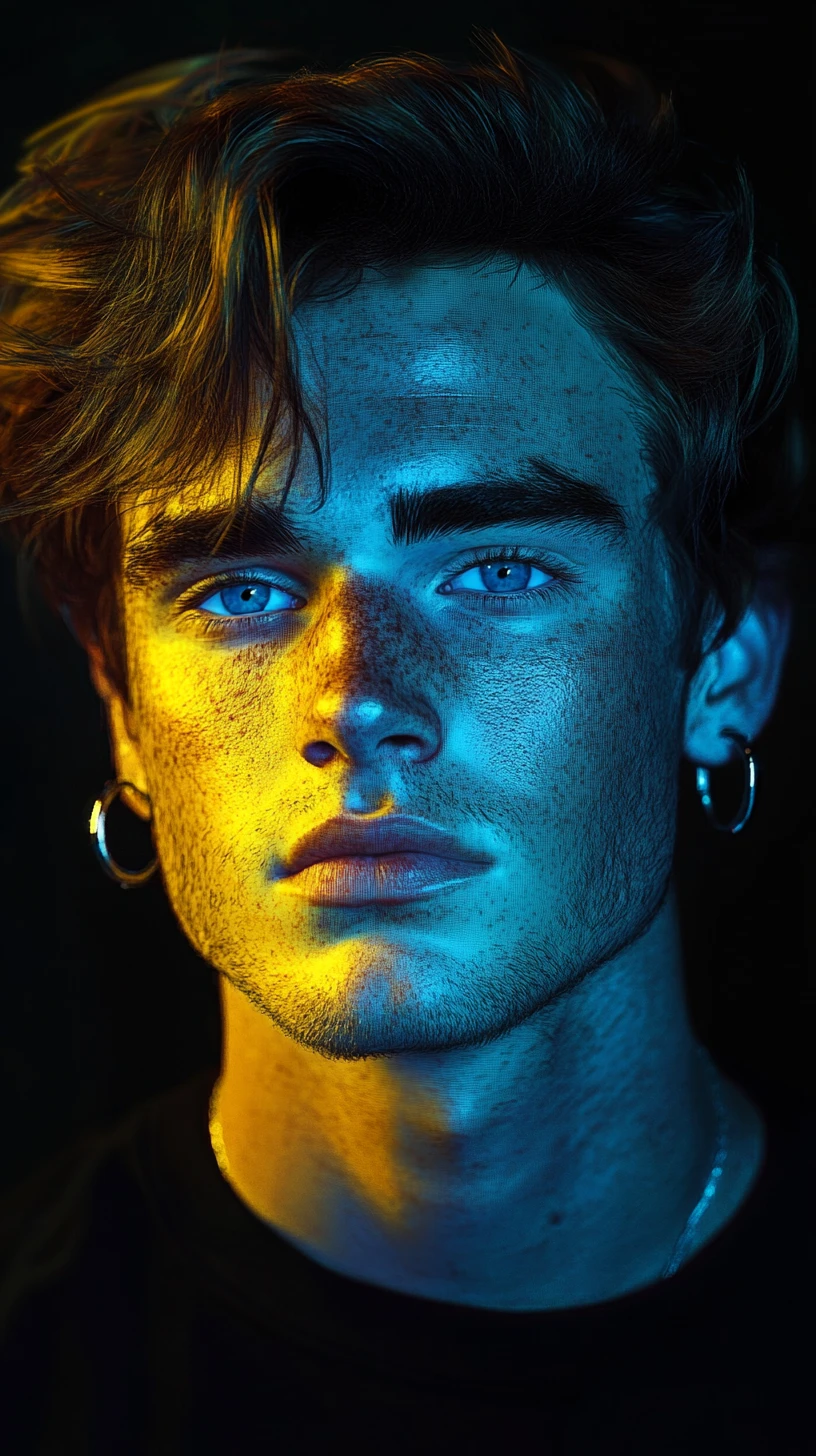 Pop art portrait of a young man in colored light