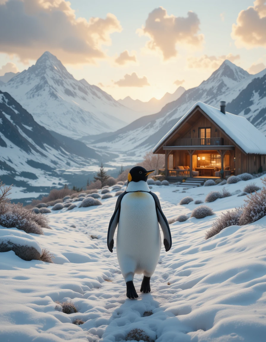 Pingüino caminando hacia una casa cálida en montañas nevadas