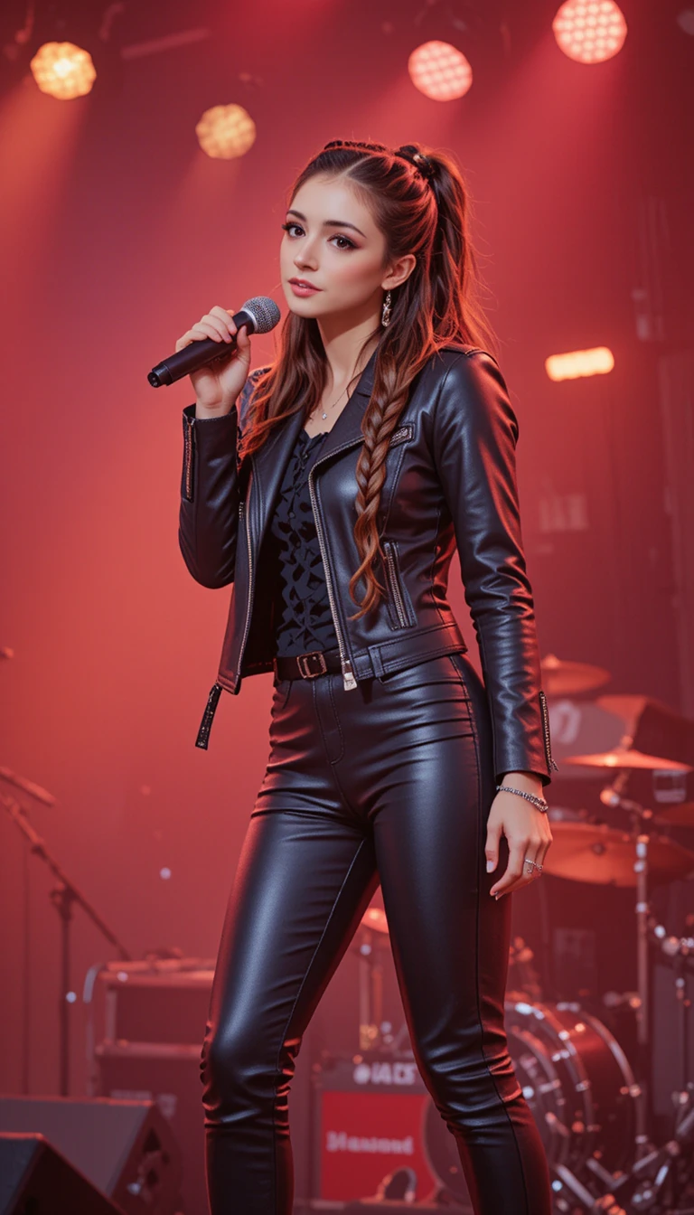 Woman singing on stage in black leather pants and jacket