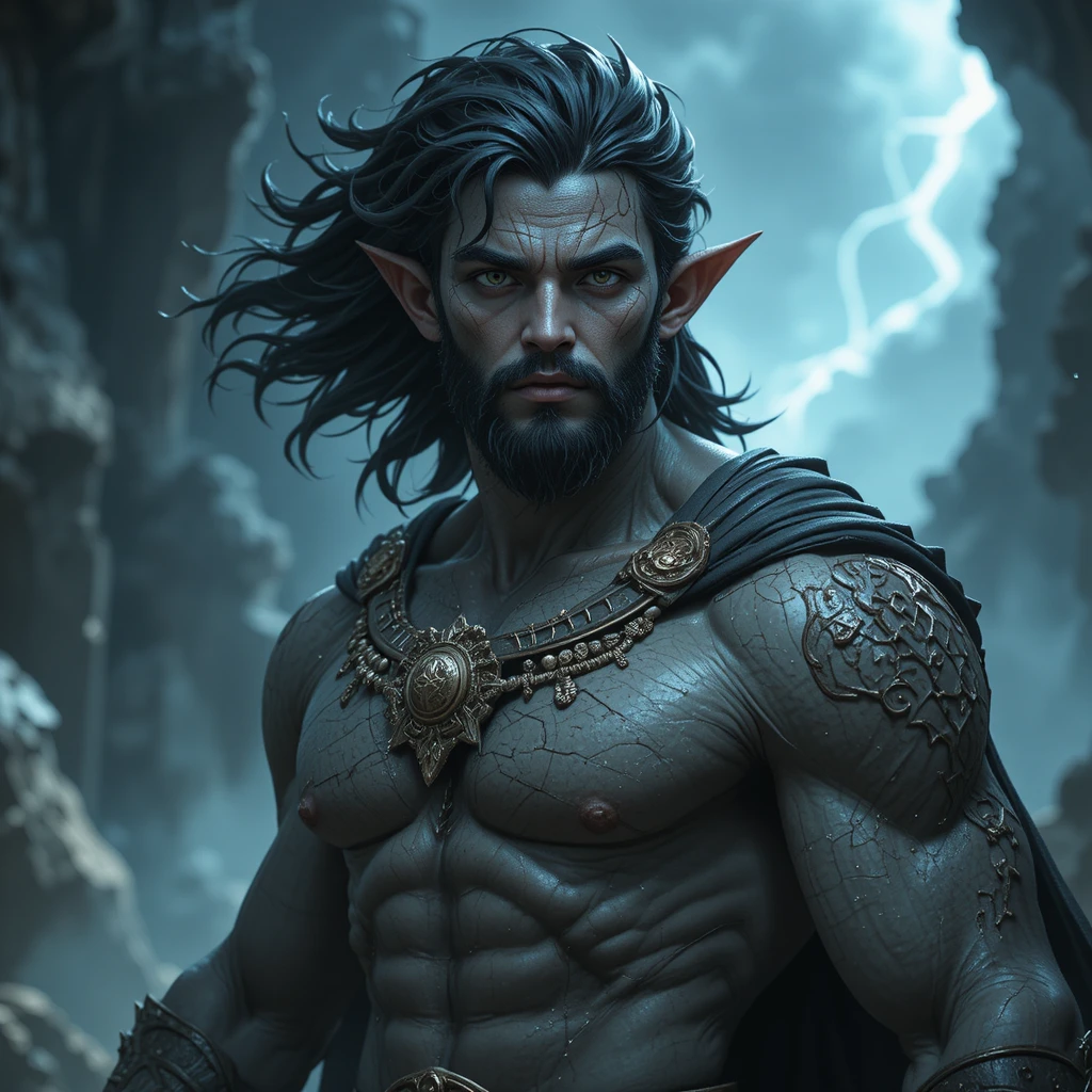 Elderly god of fate with ashen skin and dark eyes