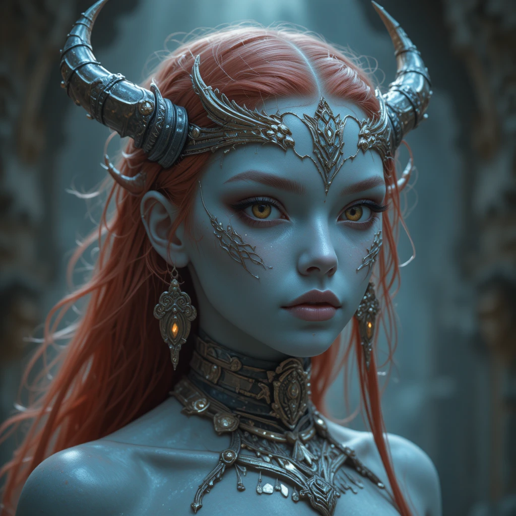 Young pale goddess with yellow eyes and dark red hair
