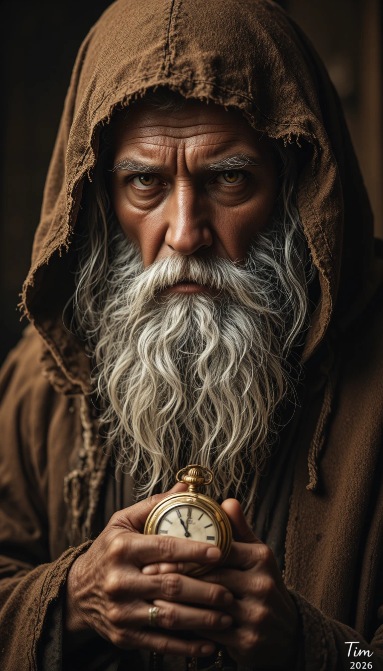 Elderly Man In Hooded Cloak With Golden Pocket Watch