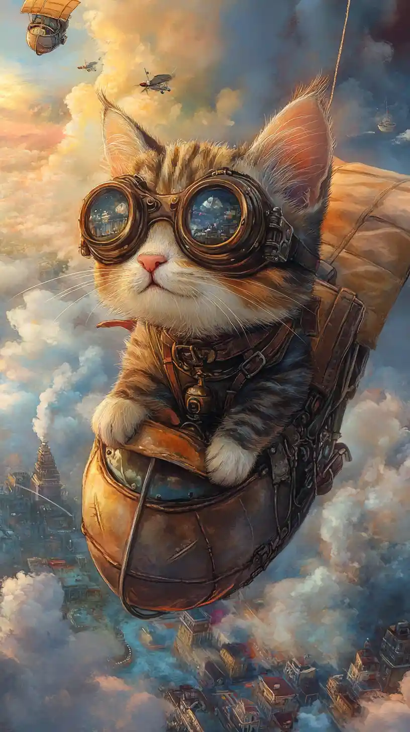 Gato lúdico voando em um minúsculo dirigível acima das nuvens