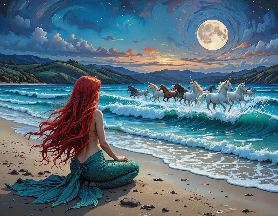 Sirena mirando a un unicornio que corre sobre olas iluminadas por la luna