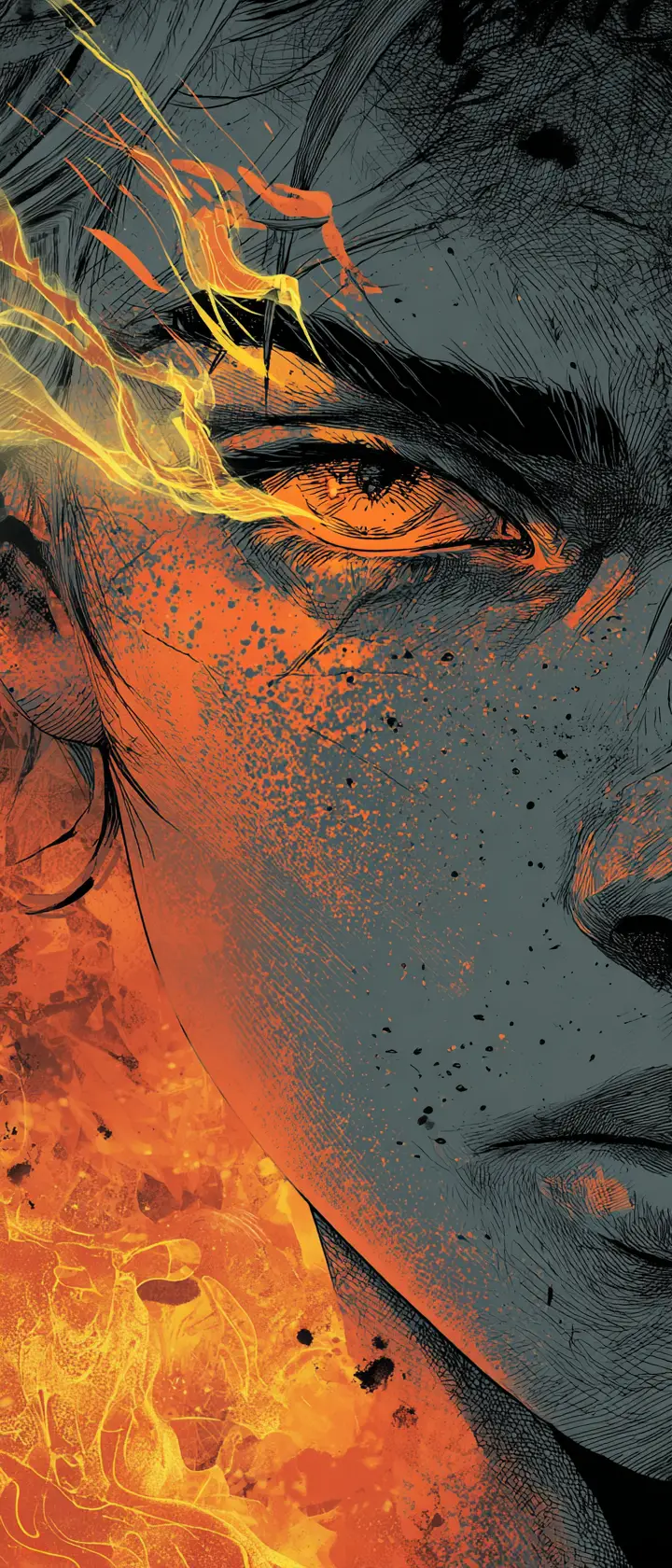 Rebellious anime girl portrait with double exposure flames
