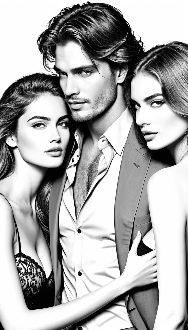 Elegant club portrait of man kissing two women