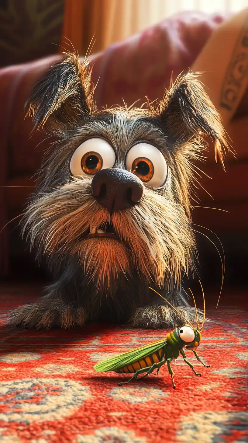 Cute giant dog surprised by a grasshopper on carpet