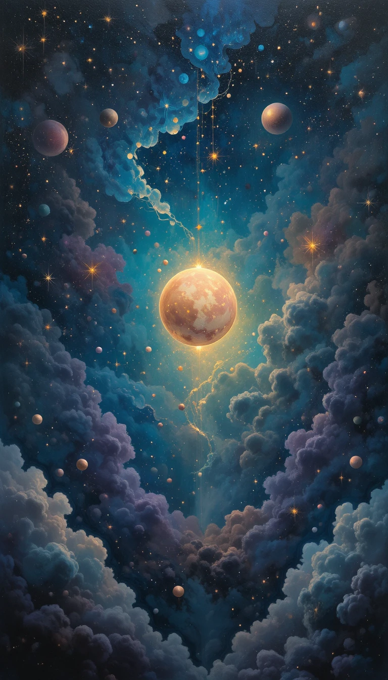 Luminous orb floating in surreal cosmic nebula landscape
