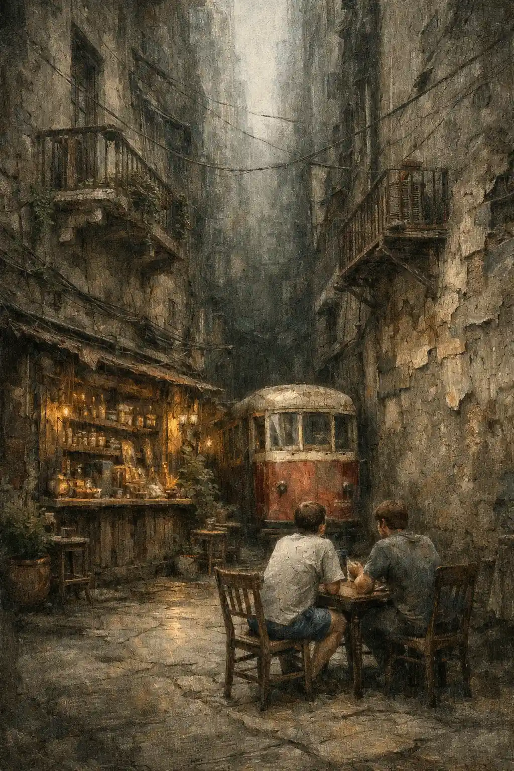 Narrow Old City Alley With Hidden Cafe At Twilight