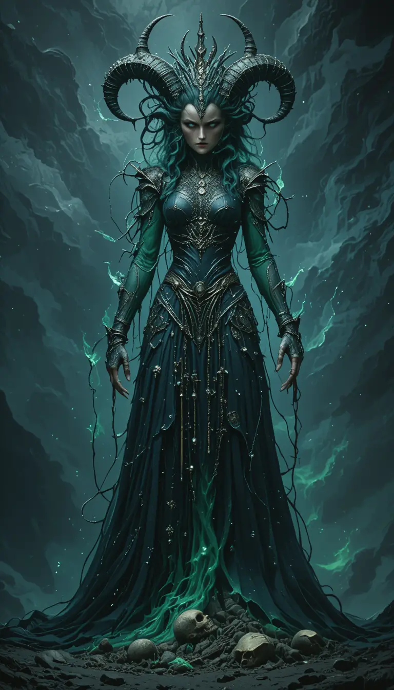 Dark necromancer queen in swirling necrotic mist