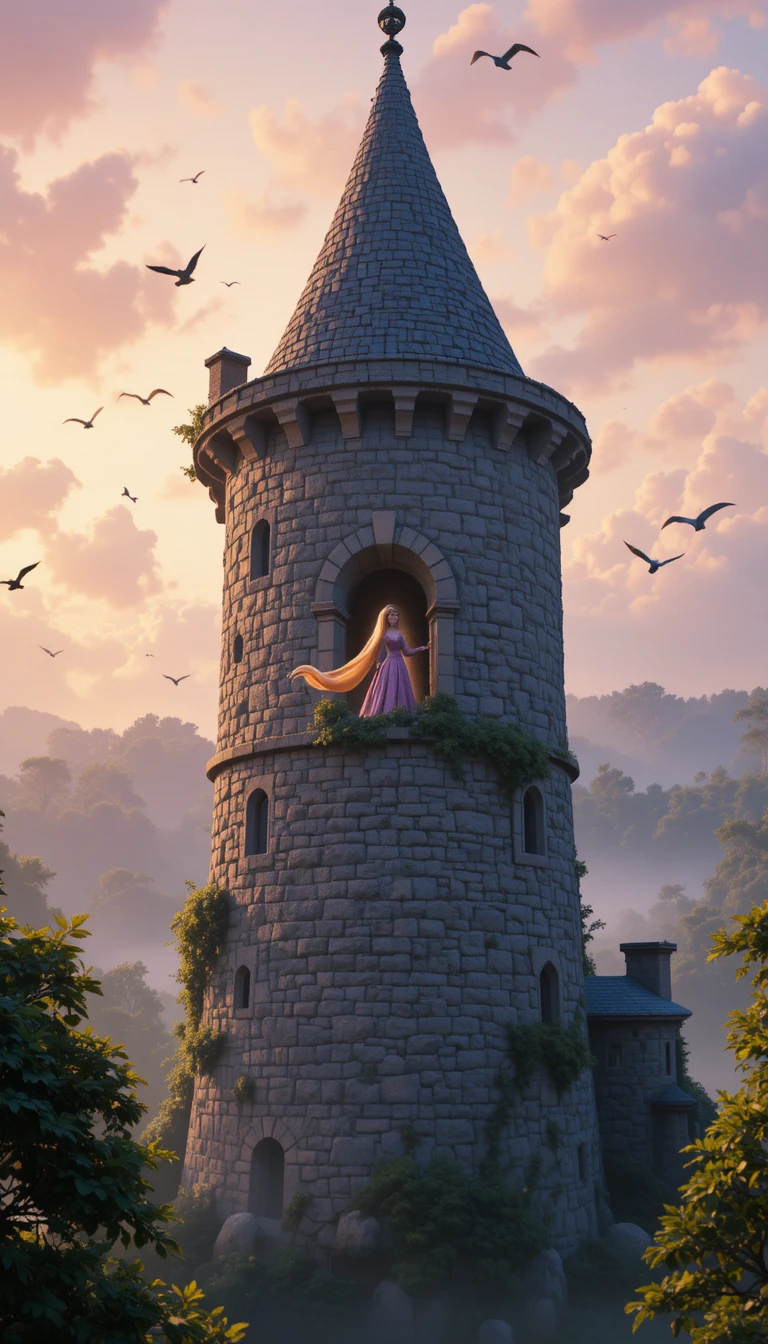 Raiponce à la Fenêtre à l'Aube dans une Haute Tour de Pierre